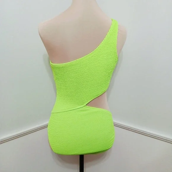 Neon Green One Shoulder Cutout Crinkle One Piece Swimsuit Womens M - Picture 4 of 5